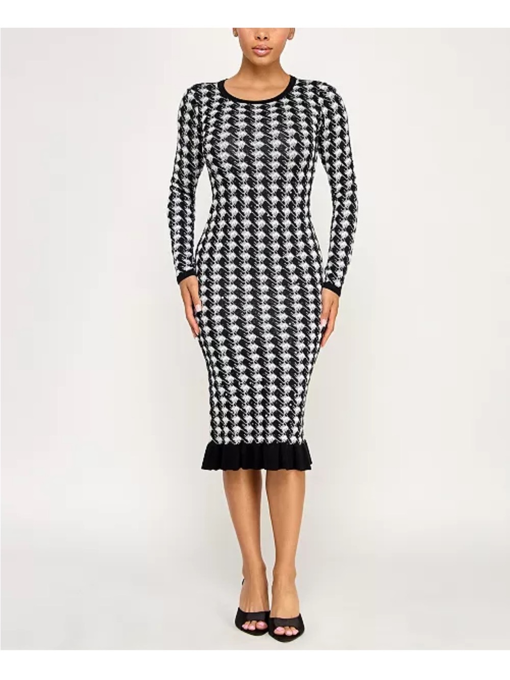 BCX Dress Womens Large Black White Houndstooth Sequin Ruffle Hem Sweater Dress